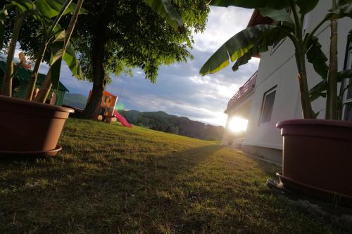a field with plants and a building with the sun shining at Lake View Apartments in Keutschach am See