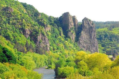 a view of a mountain with a river and trees at Hotel Krone in Bad Münster am Stein-Ebernburg