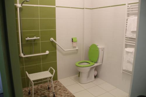 a bathroom with a toilet with a green seat at Les Chambres d'Eugénie in Poyanne