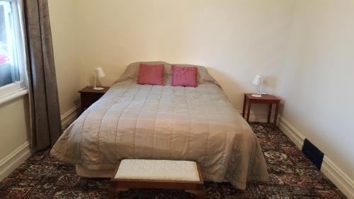 a bedroom with a bed with two pink pillows at Central Otago Cottage 4 bedroom in Roxburgh