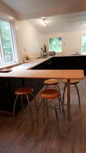 a kitchen with a wooden table and three stools at Central Otago Cottage 4 bedroom in Roxburgh