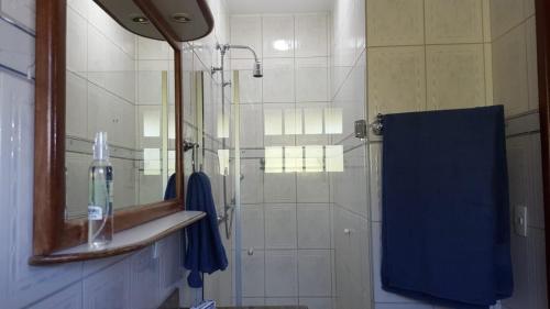 baño con ducha con espejo y toalla azul en Banho de Mar em Cabo Frio, en Cabo Frío