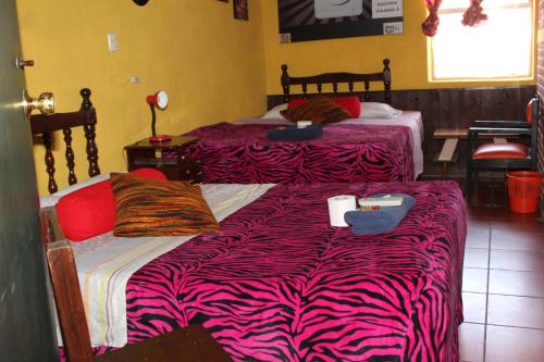 two beds in a room with a zebra print blanket at Hotel Casa Del Viajero in Quetzaltenango