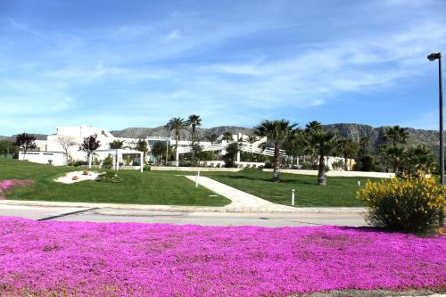 a park with purple flowers and palm trees at Regiohotel Manfredi in Manfredonia