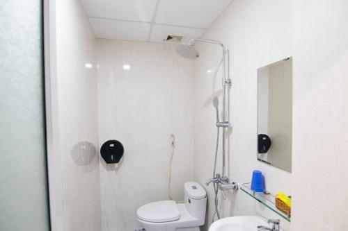 頭頓的住宿－Thế Giang Hotel，白色的浴室设有卫生间和淋浴。