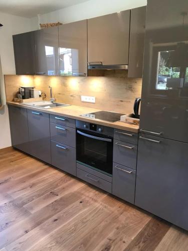 a kitchen with stainless steel appliances and wooden floors at Schneehaus Lodge in Ehrwald