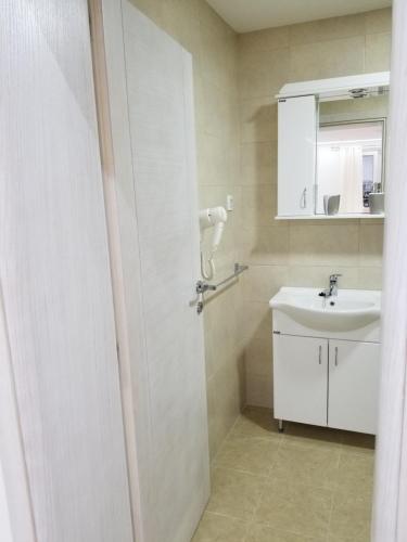 Un baño con lavabo, inodoro y espejo. en Apartments Vida, en Budva