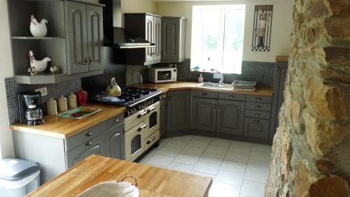 a kitchen with gray cabinets and a stove top oven at Maison la touchardiere in Barenton