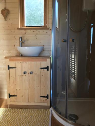 a bathroom with a sink and a shower at Sutor Coops The Nest with Hot Tub in Cromarty