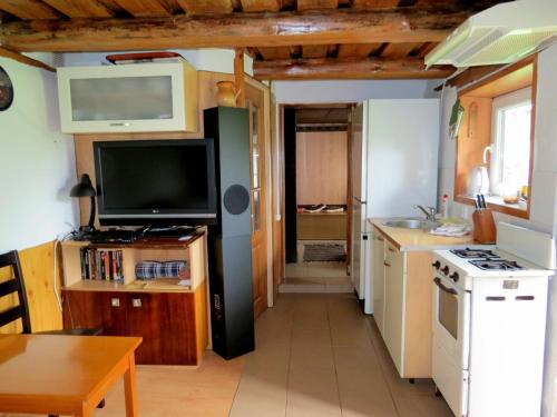 une petite cuisine avec une télévision et une table dans l'établissement Peters House, à Iecava