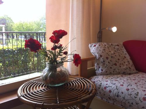 a vase with red flowers on a table next to a window at Residence Geranio in Domaso
