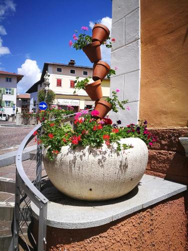 a large planter filled with flowers on the side of a building at Dolomiti Di Brenta in Ronzone