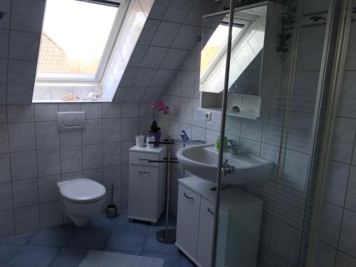 a bathroom with a sink and a toilet and a window at Ferienwohnung Wansiedler in Sankt Peter-Ording