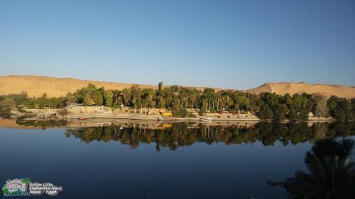 a body of water with trees and mountains in the background at Nubian Lotus in Aswan