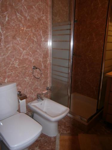 a bathroom with a toilet and a shower and a sink at Sun, Sky and Sea in Esmoriz