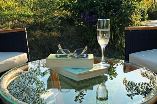 einen Glastisch mit einem Buch und einem Glas Wein in der Unterkunft Eufonia in Mariapfarr