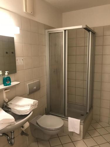 a bathroom with a shower and a toilet and a sink at Hotel Rosengarten in Frankfurt/Oder