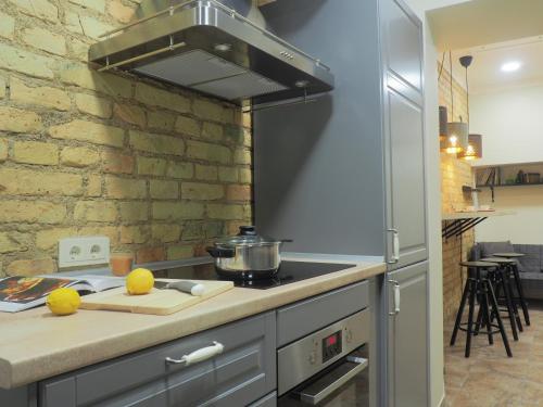 une cuisine avec un comptoir et une cuisinière four supérieur dans l'établissement Emi apartment, à Vilnius