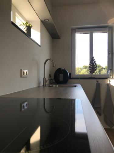 a kitchen with a sink and a window at Logies Zen & Zilt Veere in Veere