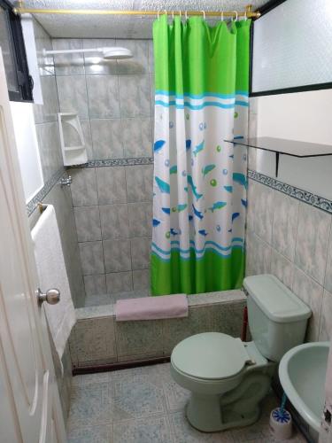 a bathroom with a green shower curtain and a toilet at Jorge's apartment in Baños