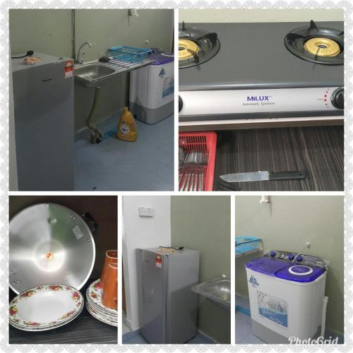 a collage of four pictures of a refrigerator and a sink at DIDIE HOMESTAY 1 in Tanah Merah