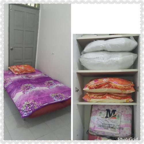 two pictures of a room with a bed and pillows at DIDIE HOMESTAY 1 in Tanah Merah