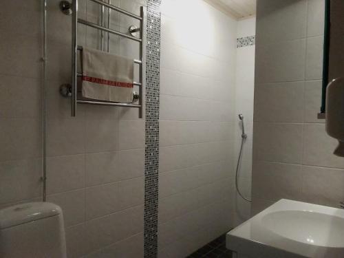 a bathroom with a shower with a toilet and a sink at Hotelli Möhkön Rajakartano - Ilomantsi in Petkeljärvi
