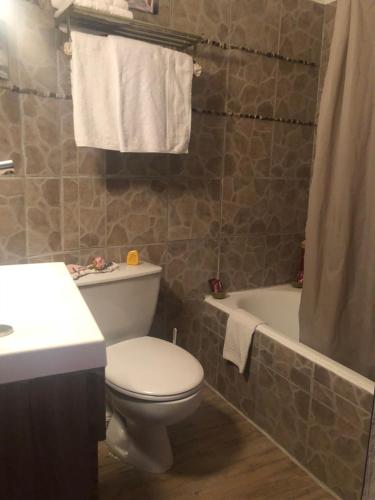 a bathroom with a toilet and a sink and a tub at Hôtel restaurant le delta in Saintes-Maries-de-la-Mer