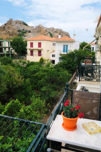 a flower pot on a table on a balcony at Apollo Pavilion Apartments in Mirina
