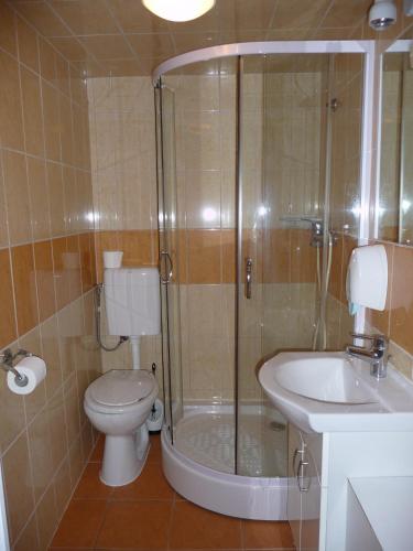 a bathroom with a shower and a toilet and a sink at Katalin Motel & Étterem in Berettyóújfalu