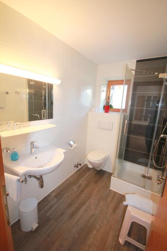 a bathroom with a sink and a toilet and a shower at Hotel Sonnenhof - bed & breakfast & appartements in Innsbruck