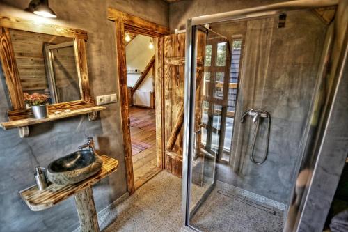 bagno con doccia e lavandino di Chata Baba Yaga a Ždiar