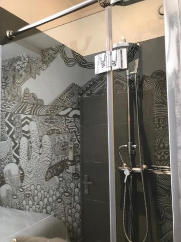 La salle de bains est pourvue d'une douche et d'une peinture murale. dans l'établissement Maison Du Vieux Panier Vieux Port, à Marseille
