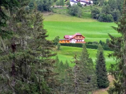 a house in the middle of a green field with trees at Ferienhaus Gstoderblick in Seebach