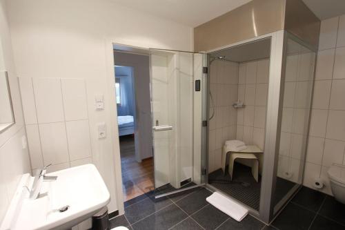 La salle de bains est pourvue d'une douche, d'un lavabo et de toilettes. dans l'établissement Chalet Alpenrose 134qm am Golfplatz Oberstaufen, à Oberstaufen