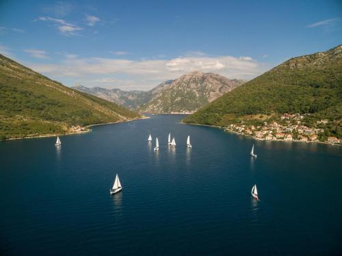 a group of boats in a large lake with mountains at Vila Magnolia in Bijela