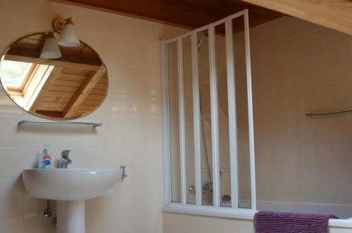 une salle de bain avec un lavabo et un miroir dans l'établissement Chalet La Rose, à Montriond