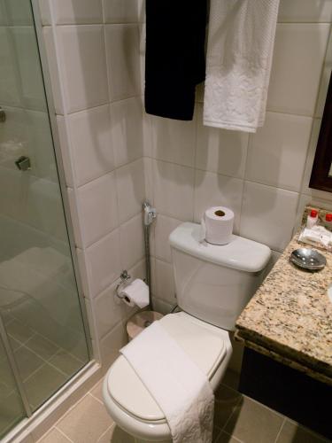 a bathroom with a toilet and a shower at Tsue The Palace Flats in Sao Paulo
