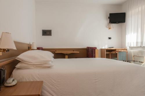 ヴィーゴ・ディ・ファッサにあるHotel Ai Piniのベッドルーム(大きな白いベッド1台、テーブル付)