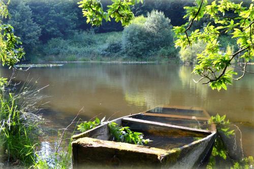 an old boat sitting in the middle of a river at Saint Moreil Gite in Saint-Moreil