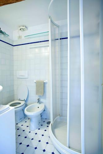 Un baño blanco con inodoro y ducha. en Di Franco Super Attico, en Venecia