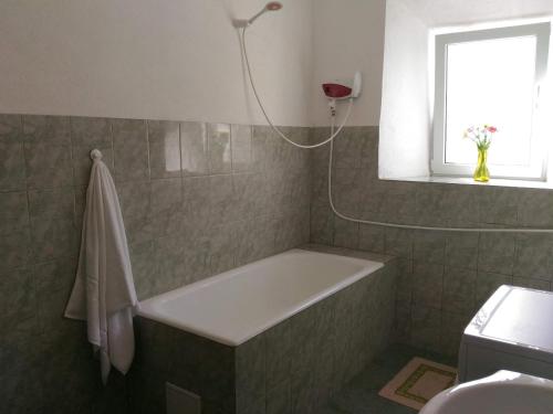 SuhaiaにあるEdelweiss guesthouse, glamping and campingの窓のある浴室の浴槽