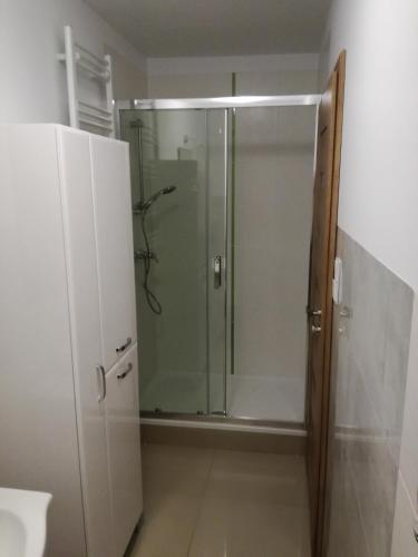 a shower with a glass door in a bathroom at hostel52 in Gdańsk