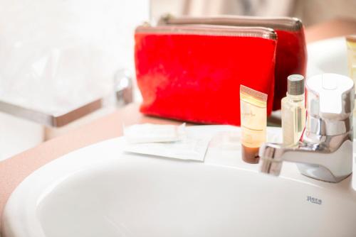 a bathroom sink with a red bag on top of it at Hotel Pierre Nicole in Paris