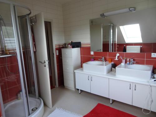 a bathroom with two sinks and a shower at l'Ardenne buissonière in Bastogne