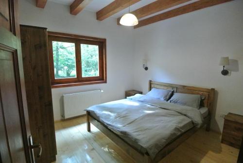 1 dormitorio con cama y ventana en Chalet by the river, en Văliug