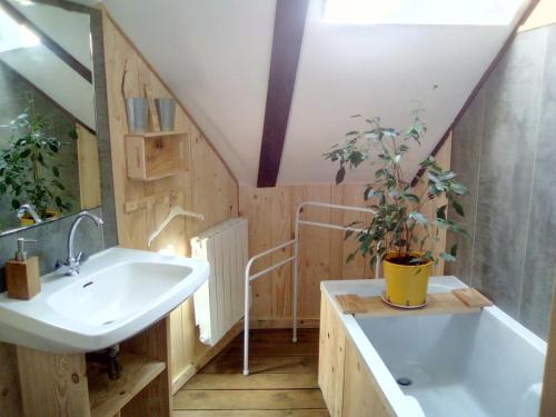 a bathroom with a sink and a potted plant at Au 17 in Murat