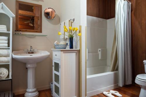 a bathroom with a sink and a toilet and a tub at Magnolia Springs Bed and Breakfast in Magnolia Springs