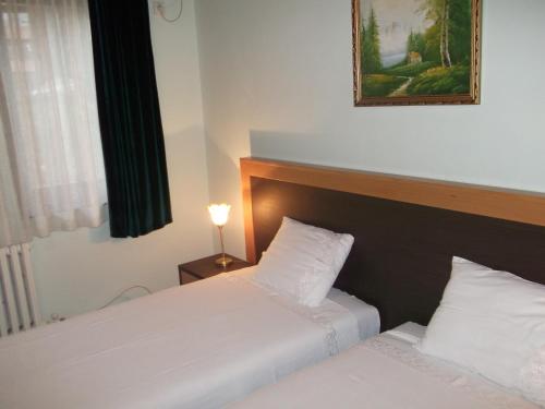 two beds in a hotel room with a picture on the wall at Vila Silia in Skopje