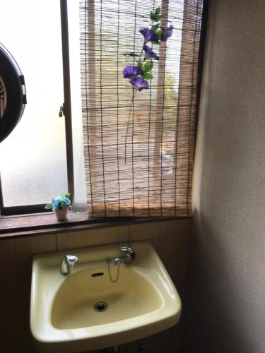 a bathroom with a sink and a window with purple flowers at Kizuna no Ie in Uozu